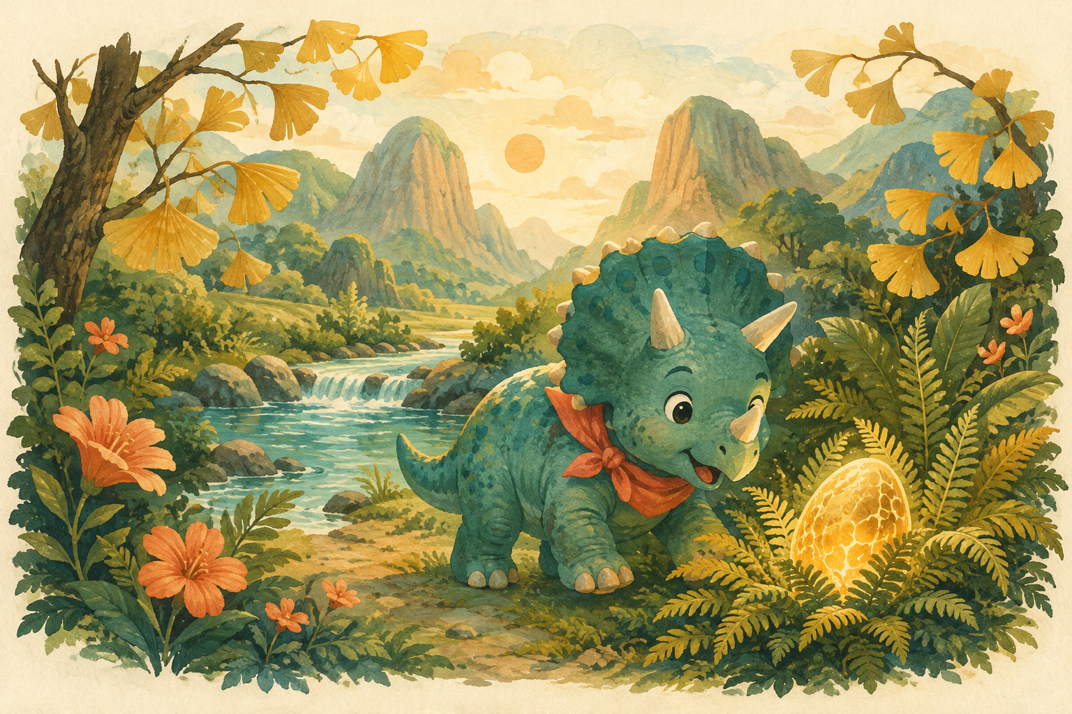Pip, a little teal dinosaur with a golden egg, in an illustrated woodland