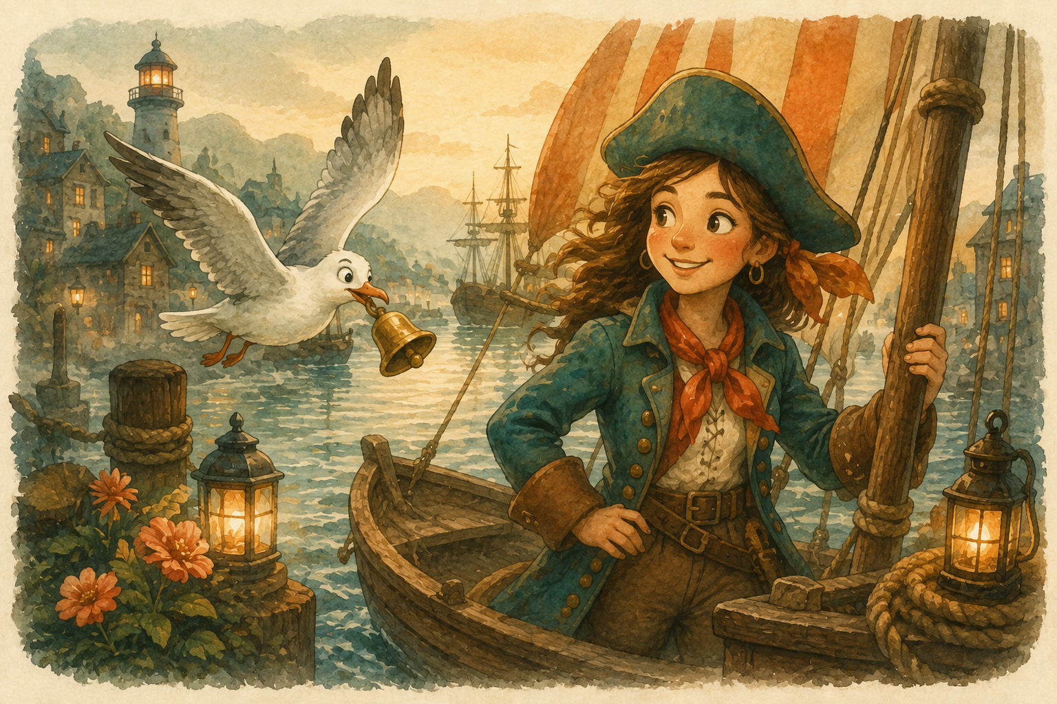 Kapitänin Nell und die Möwe im Hafen